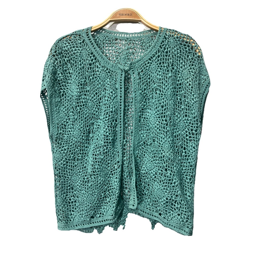 Forever 21 Vest Womens M Teal Crochet Boho Sleeveless Cardigan Floral Medallion‎
